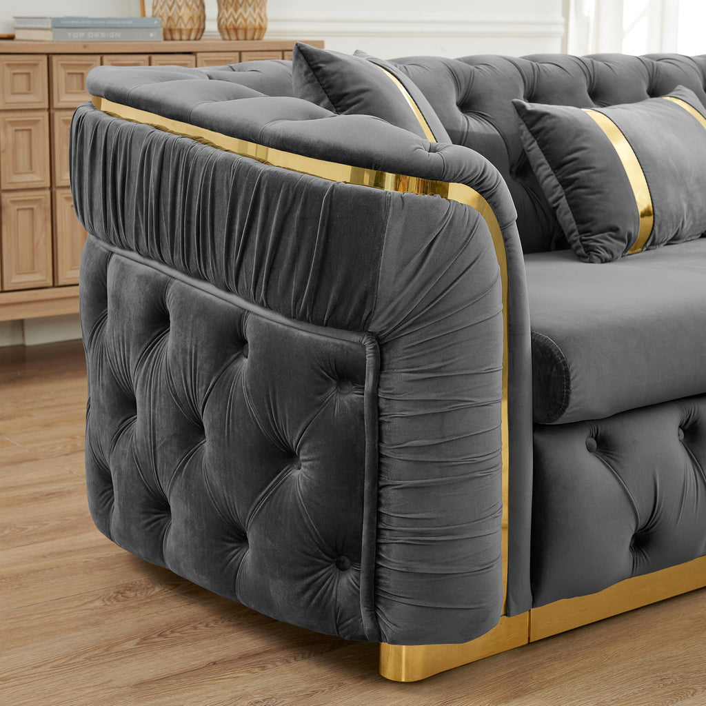 111" L-Shaped Luxury Velvet Chesterfield Sectional Sofa with Gold Stainless Steel Accents and 7 Pillows, Mid-Century