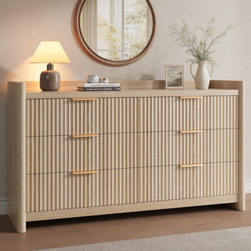 6 Drawer Dresser , Fluted Dressers with Rounded Edge & Raised Lip Top, Anti-Tip Chest of Drawers , Natural Oak