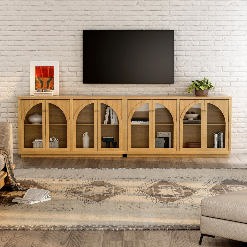 Modern Storage Cabinet with 4 Doors Set of 2, Arched Accent Sideboard Buffet with Adjustable Shelves, Boho Display