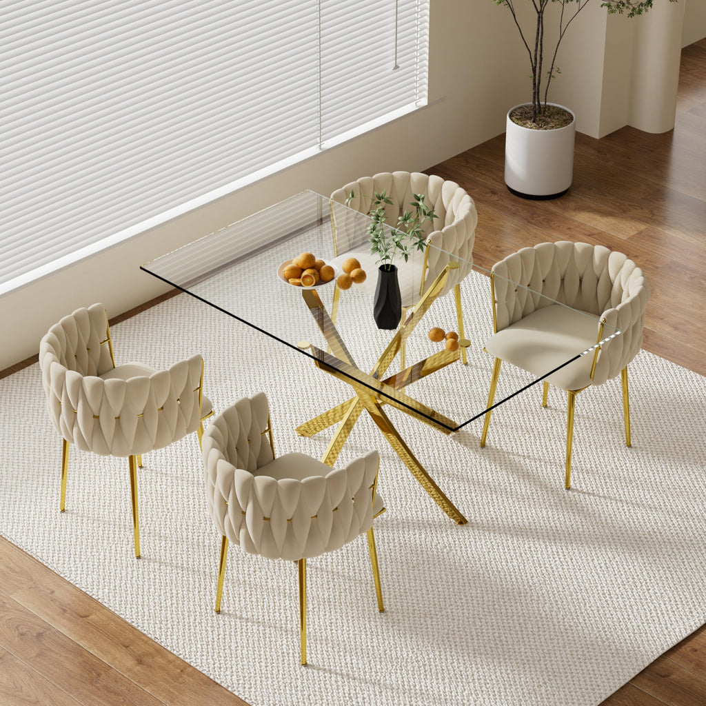63" Glass Dining Table for 4-6, Contemporary Rectangular Dining Room Table with Tempered Glass Top & Gold Finish