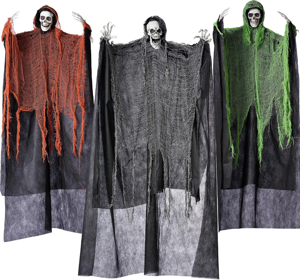 Halloween Hanging Grim Reapers, one 63" Two 47" Grim Reapers, Halloween Skeleton Outdoor Decoration Flying - Set of 3