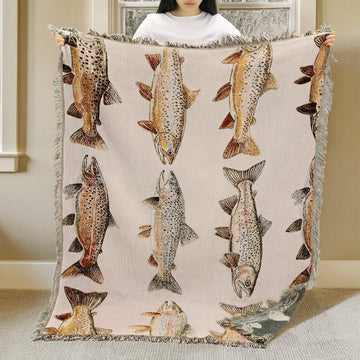 60 x 50 in Rainbow Trout Woven Tapestry Throw Blanket with Tassel