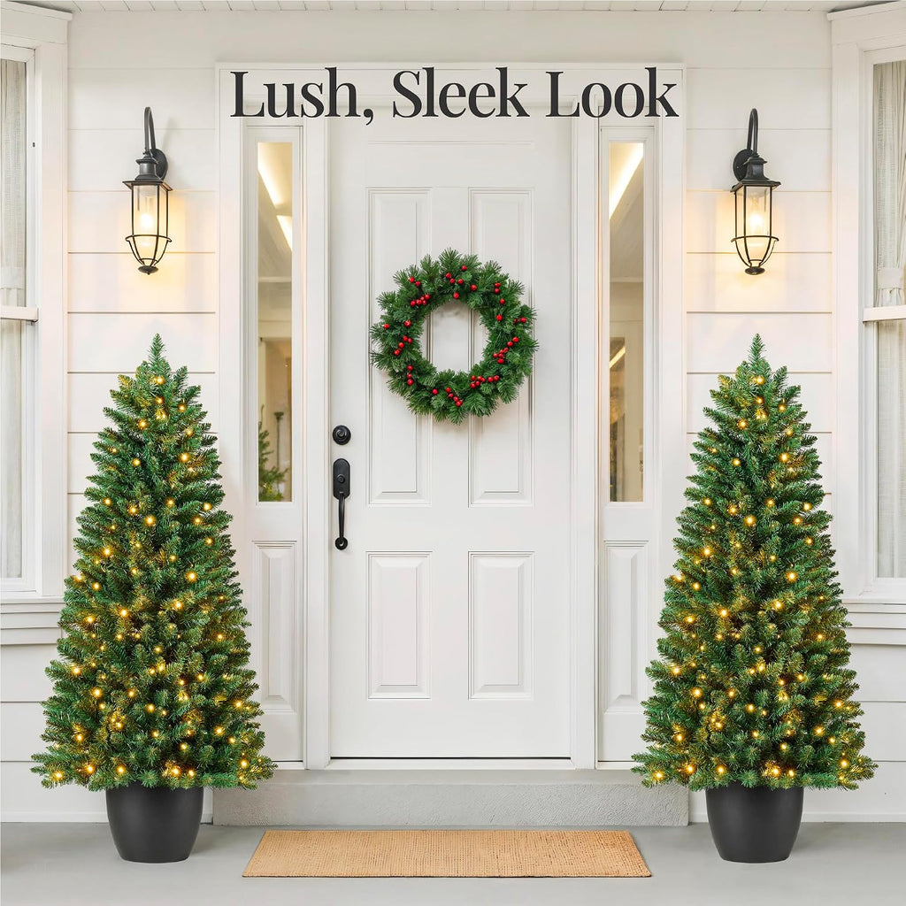 Prelit Potted Pencil Christmas Tree, 6Ft Artificial Lighted Holiday Décor, 250 Twinkling LEDs , Front Porch