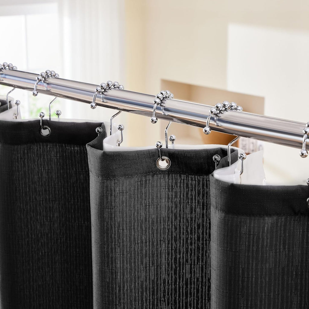 3 in 1 Shower Curtain Set, Black Shower Curtain and Liner Set with 12 Double Sided Shower Curtain Hooks, Cloth Shower