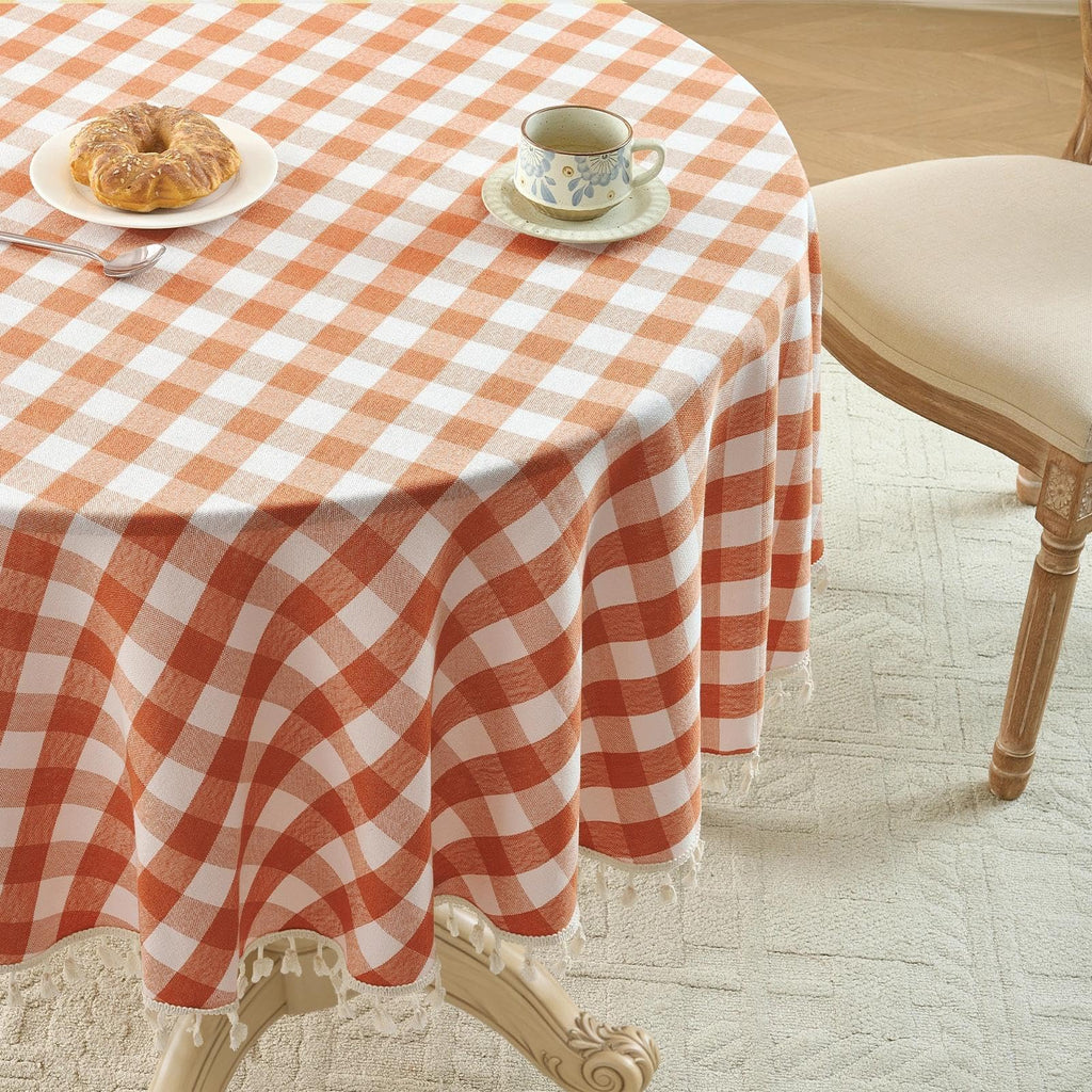 Fall Gingham Round Tablecloth with Tassel, Orange, 70" x 70"