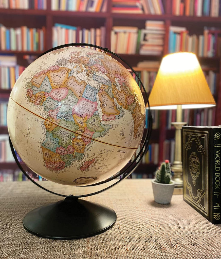 Eureka 16 inch desktop globe with up to date antique raised relief map and full swing gyromatic assembly.