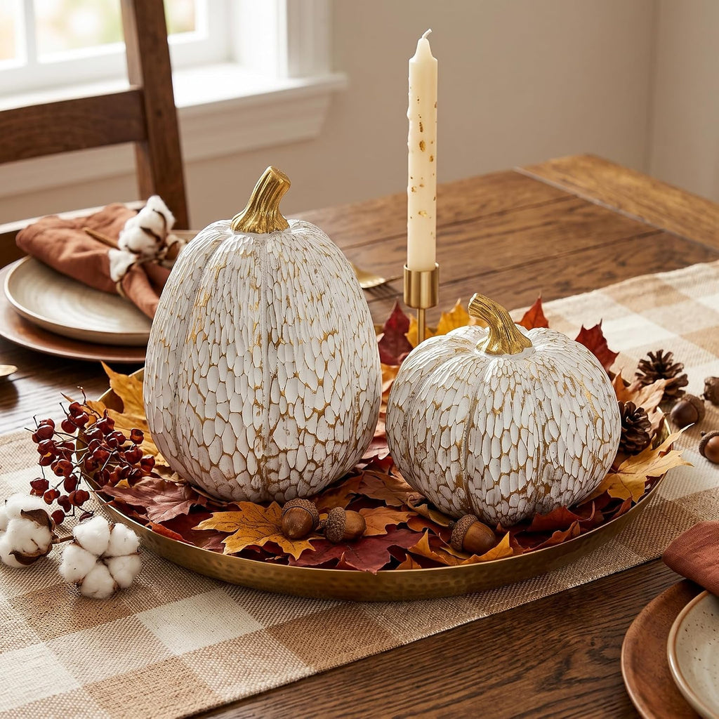 White and Gold Fall Pumpkin Decor, Small Decorative Thanksgiving Pumpkins - Set of 2