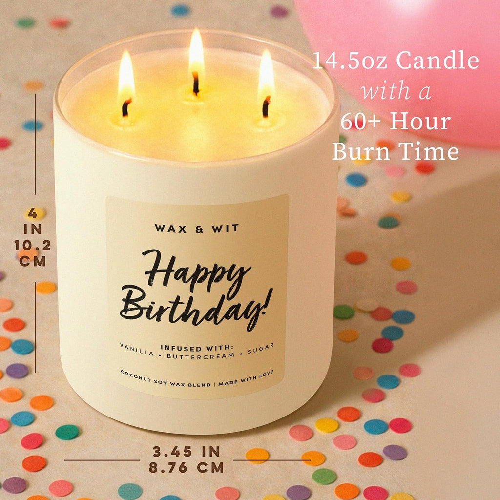 Happy Birthday Candle for Women - Birthday Cake Scented 3-Wick, Vanilla Buttercream, Large 14.5 oz Coconut Soy Wax
