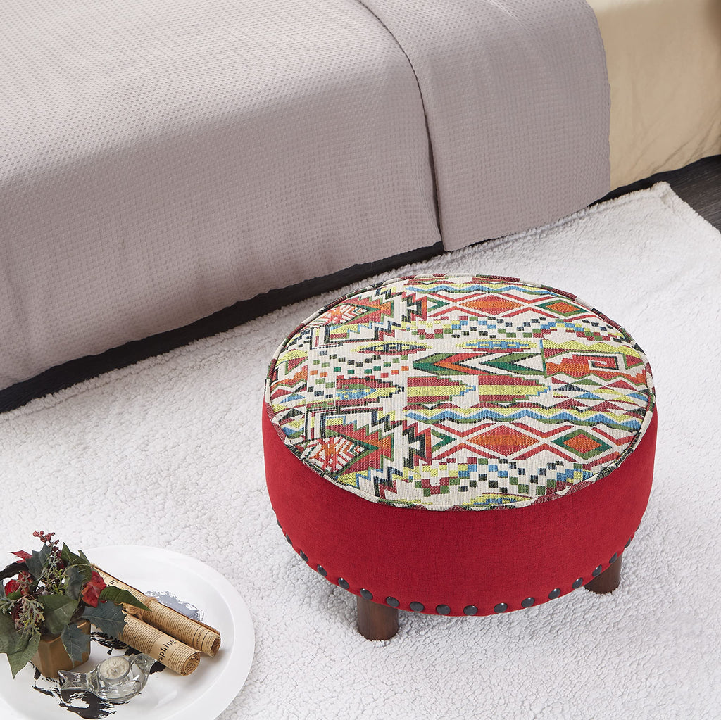 Upholstered Oversized Ottoman Modern Round Floor Seating, Dia 21.5" Geometric Red