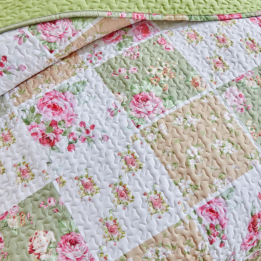 Patchwork Quilt Set, 3 Pieces Green White Pink Floral Plaid Reversible American Country Bedspread Coverlet