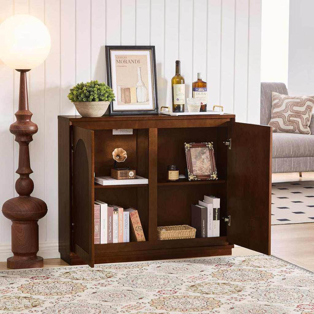 Real Walnut Veneer Sideboard Buffet,Narrow Entryway Storage Cabinet | Walnut Credenza Storage Cabinet,Thin Sideboard