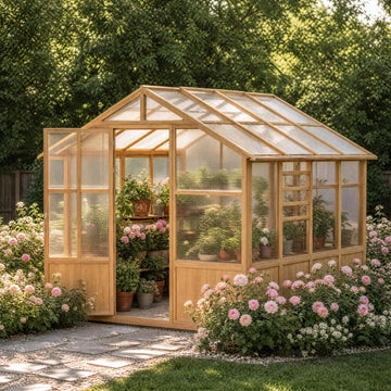 7x8Ft Wooden Greenhouse, 9mm PC Panel Greenhouses for Outdoors