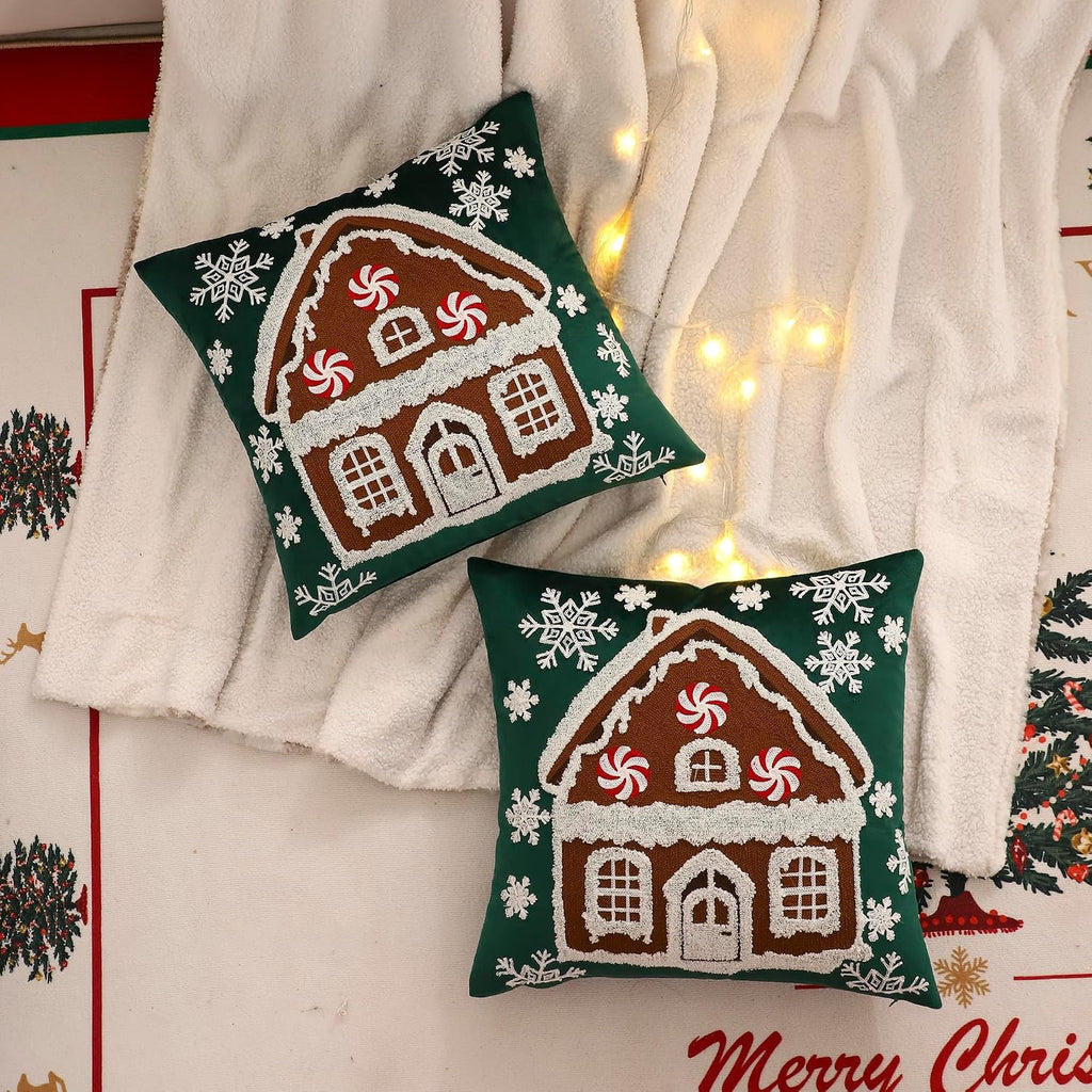Christmas Green Throw Pillow Covers 18x18 Xmas House - Set of 2