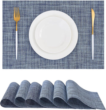 Deep Navy Woven Placemats - Heat Resistant Non-Slip Place mats for Dining Table, Washable Durable PVC Vinyl - Set of 6