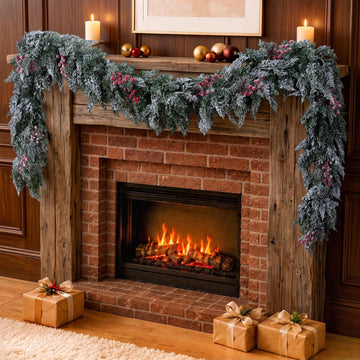 9FT Christmas Cedar Garland Flocked with Artificial Pine Cones Red Berries, Real Touch Faux Greenery Winter Frosted