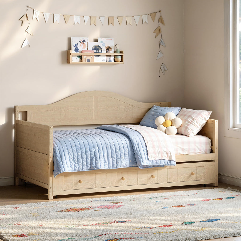 Twin Size Wooden Daybed with Trundle, Natural Wood