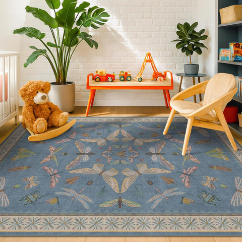 Blue Washable Kids Playroom Rug - 5x7 Area Rugs for Nursery Baby Boy, Bedroom, Living Room, Toddler 