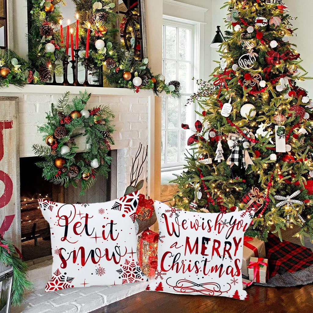 24x24 Pillow Covers Christmas Winter Snowflake Baby It's Cold Outside Bright Red Deer Let It Snow Xmas Soft Velvet - Set of 4