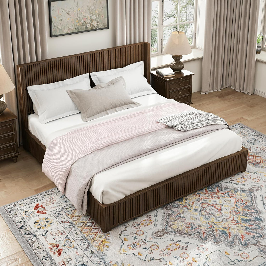 Retro Bed Frame with Tall Headboard, Mid Century Walnut Solid Wood Platform Beds Frames, 10 Strong