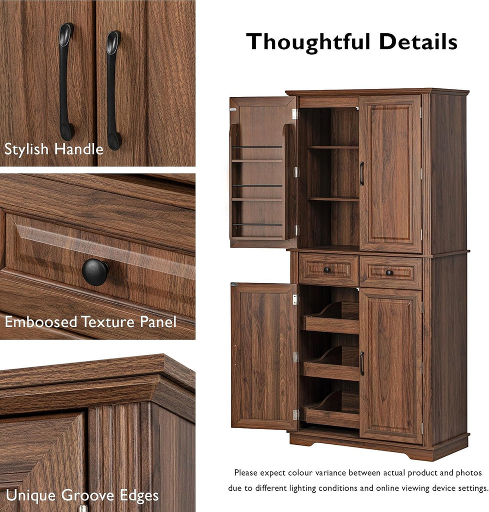 71" Farmhouse Pantry Cabinet with Pull Out Shelves & Drawers | Embossed texture, 3 pull out organizers, 6 door