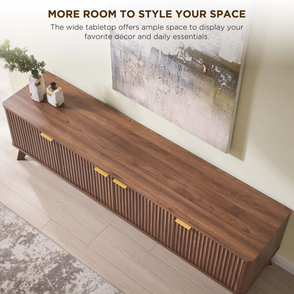 70" Mid Century Modern Fluted TV Stand, 4-Door Storage, Light Walnut