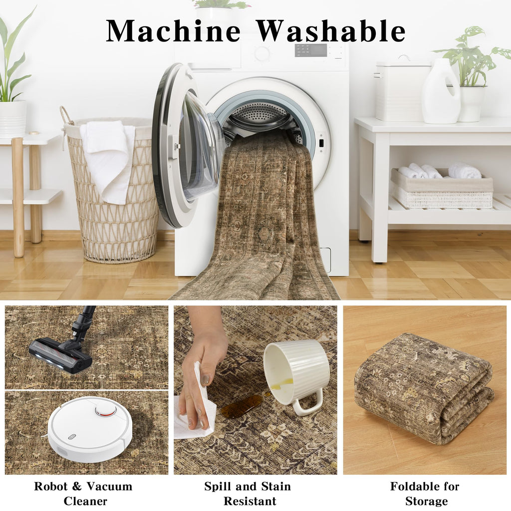 2.6x8 Washable Kitchen Runner Rug Non-Slip Vintage Brown Throw Carpet