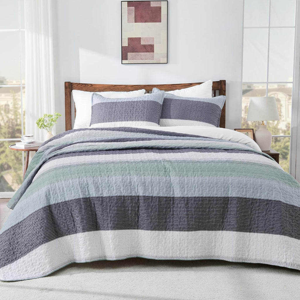 Queen Quilt Bedding Set Sage Green, 3 Pieces Patchwork Mint Green Striped Ultra Soft Lightweight Bedspreads