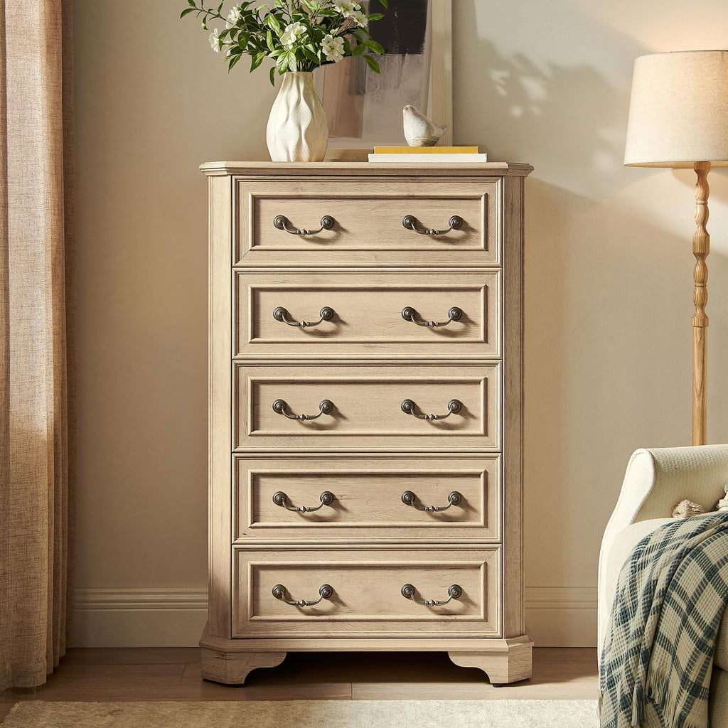 Farmhouse 5 Drawers, 48" Tall Wood Rustic Chest of Drawers with Natural Texture, Vintage Design, Storage Dressers