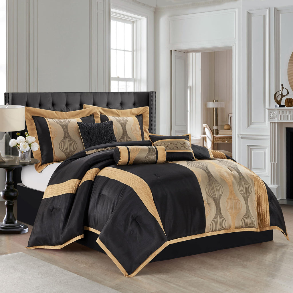 Black and Gold Comforter Set, 7 Pieces Jacquard Bedding Sets with Comforter, Bed Skirt, Pillows & Shams, Queen Size