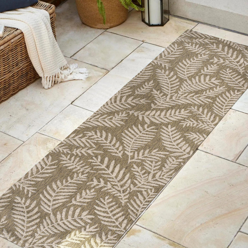 Palm Frond Indoor Outdoor Runner Rug 2X8 Brown/Beige, Nevis for Backyard, Patio, Porch, Easy-Cleaning, High Traffic
