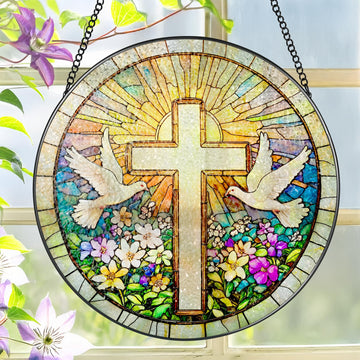 Cross and Wildflowers Stained Glass Suncatcher, 8 Inch Christian Stained Glass Windows Hanging, Flower Cross Gift for