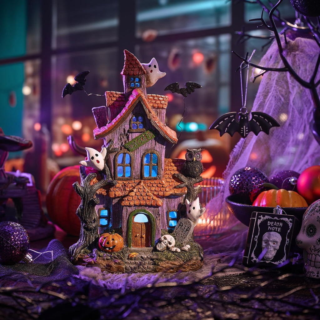 Halloween Decorations, Lighted Halloween Village Houses with LED Lights, Resin Spooky Town Happy Haunted House