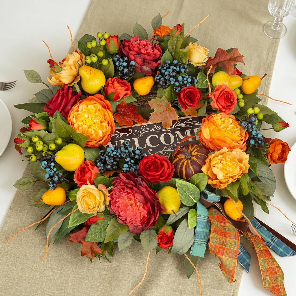 Fall Wreaths for Front Door, 24 in Autumn Harvest Wreath for Thanksgiving - Set of 5