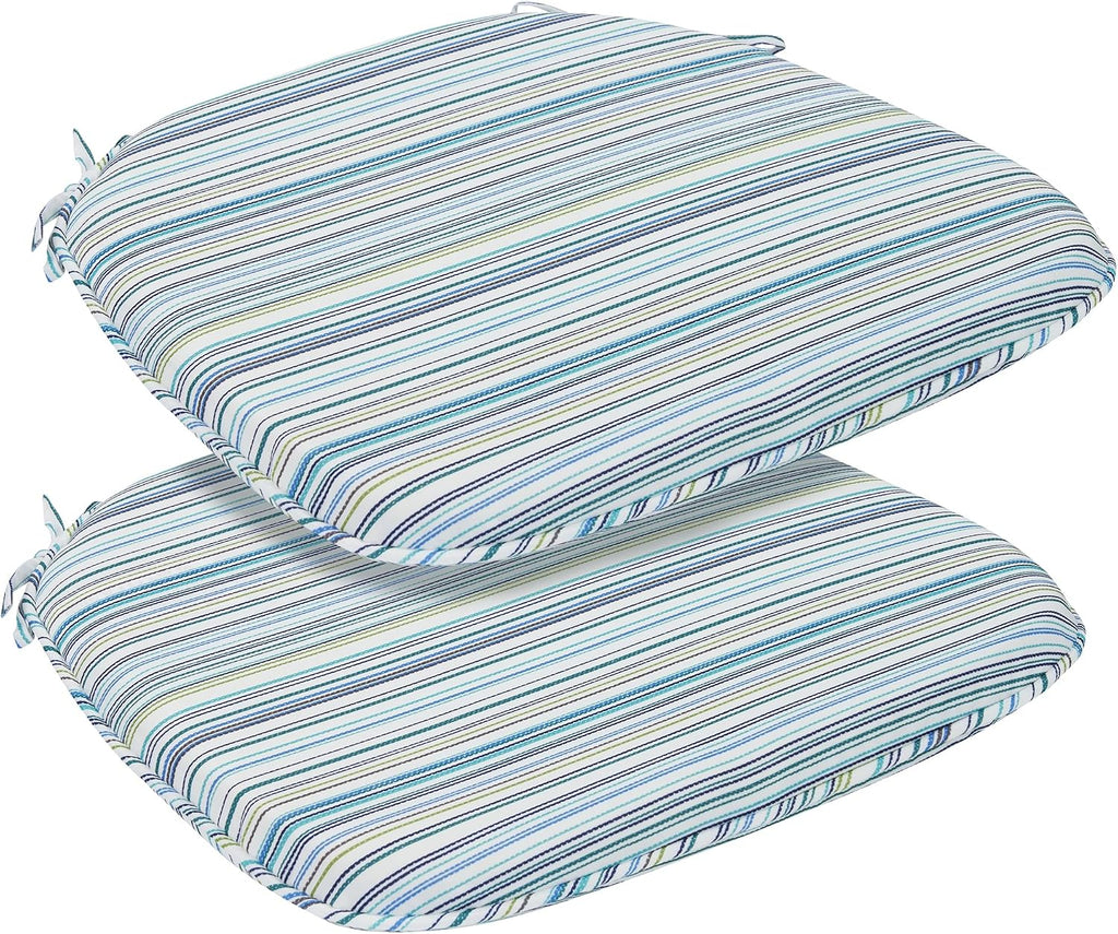 Indoor/Outdoor Chair Cushions Set of 4, 17x16x2Inch-Blue Stripe | Round Corner Patio Chair Pads with Ties