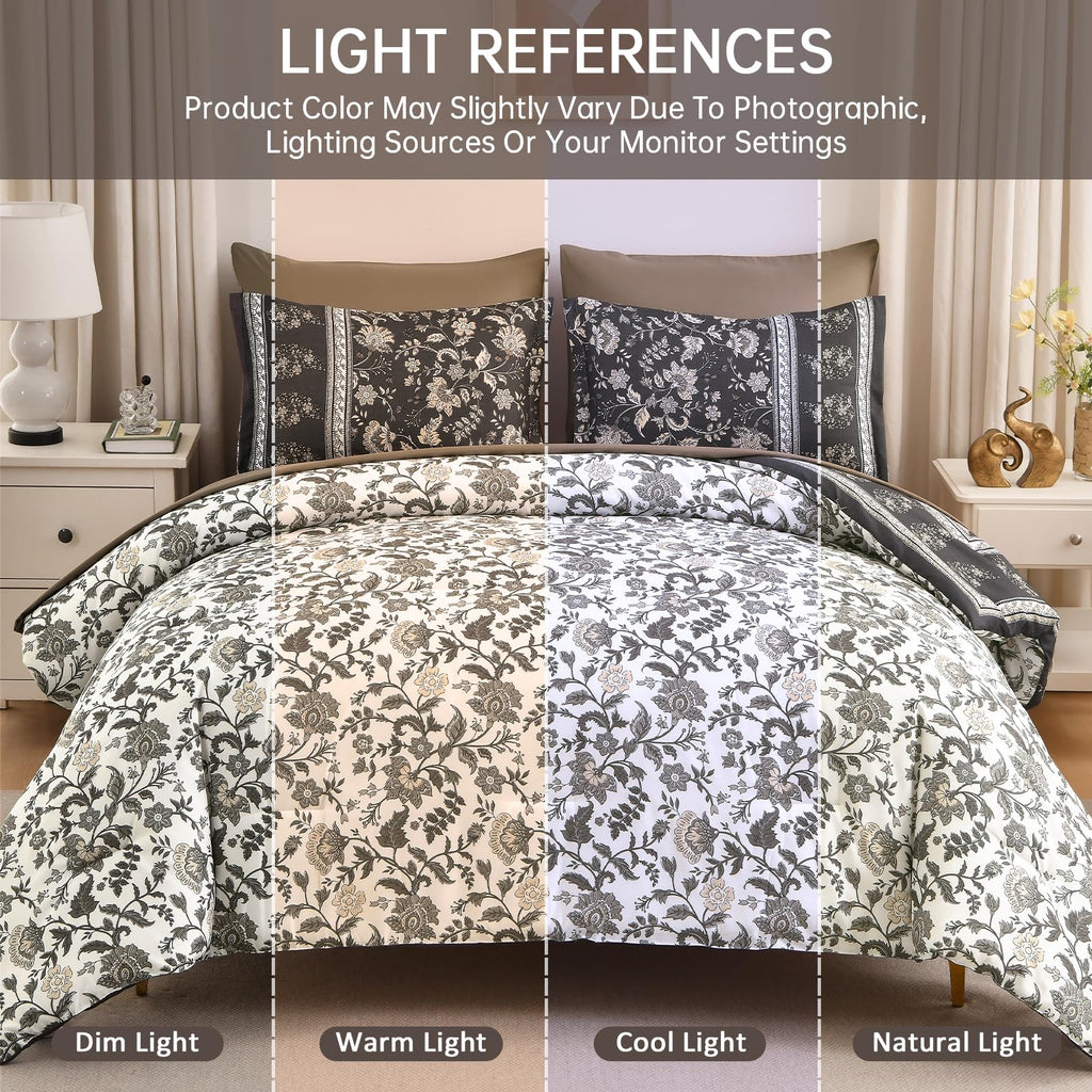 Boho Comforter Set Queen, Reversible Brown Gray Bedding Paisley 7 Piece