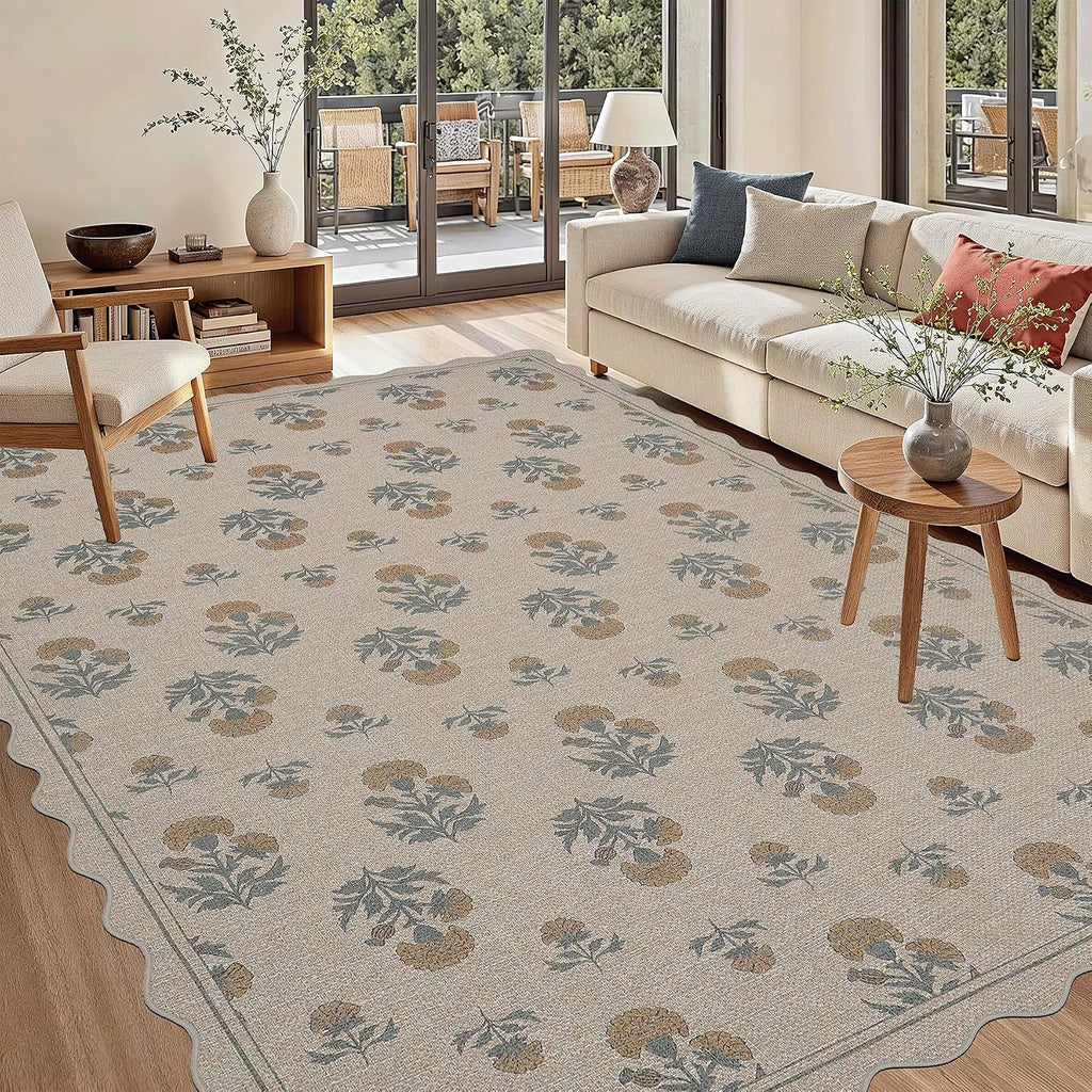 Scalloped Easy Jute 5x7 Area Rug Vintage Yellow Floral