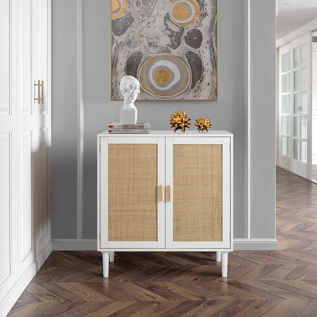 Kitchen Storage Console with Rattan Decorated Doors, Liquor Buffet, Dining Room, Hallway, Cupboard Console Table
