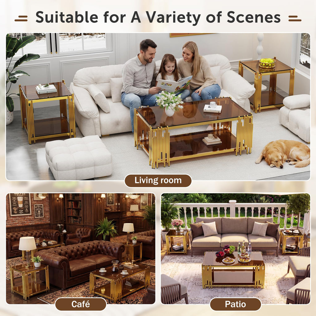 43" Luxury Gold Coffee Table with Brown Glass Tabletop & Gold Base