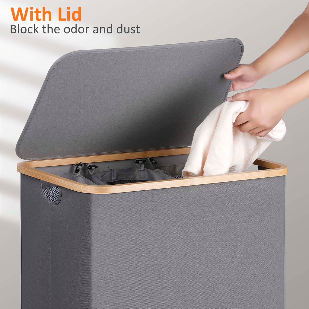 Laundry Hamper 3 Section with lid and 3 Removable Bags, Silver Grey