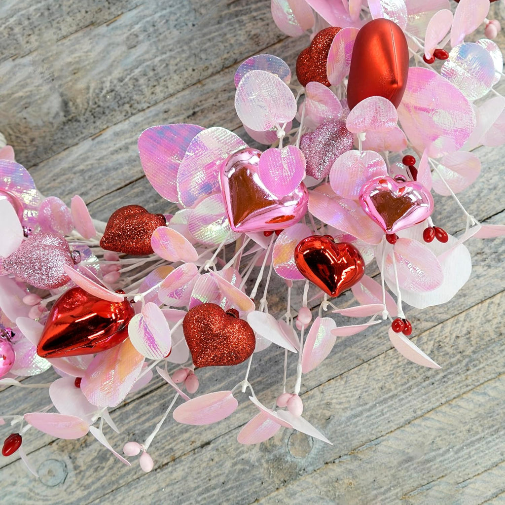 Valentine's Day Wreath for Front Door Valentine Wreath with Pink Eucalyptus Leaves,Pink and red Hearts Outdoor