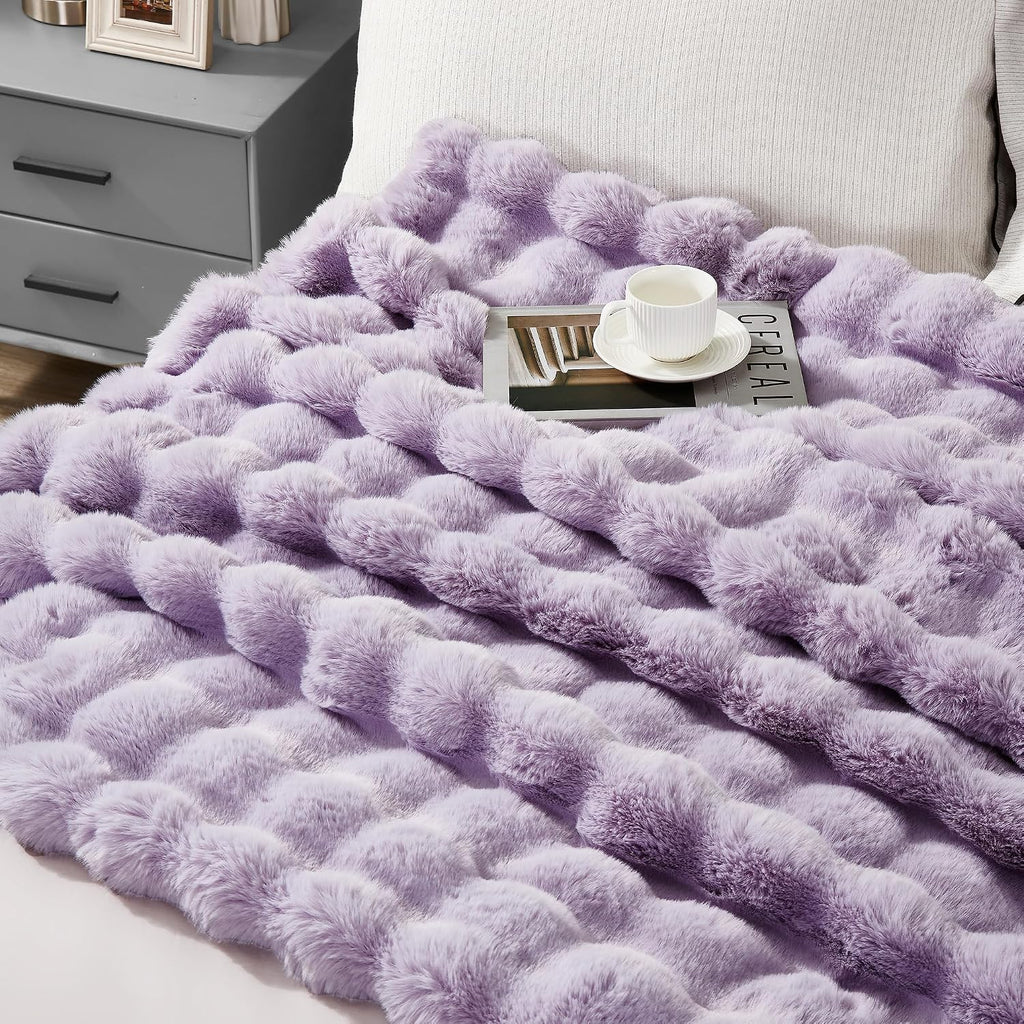 Soft Fluffy Oversized Bubble Faux Rabbit Fur Throw Blanket 60" x 70", Reversible Solid Thick Warm Fuzzy Blanket for