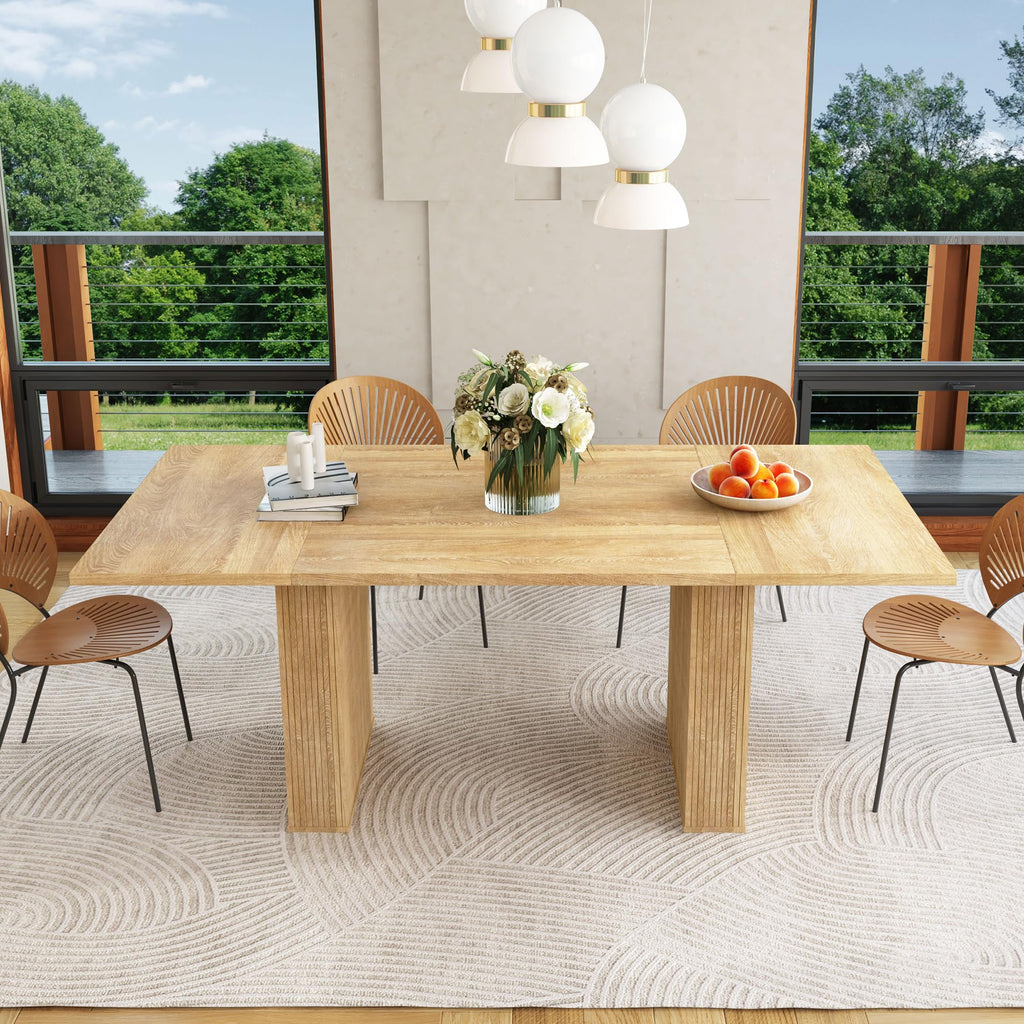 78 Inch Rectangular Dining Table for 6 to 10, Farmhouse Fluted Dining Kitchen Table, Modern Wood Long Dining Table