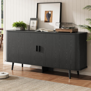 63" Fluted Sideboard Buffet Cabinet with Sliding Door, Mid-Century Modern Wood Sideboard, Adjustable Shelf, Coffee