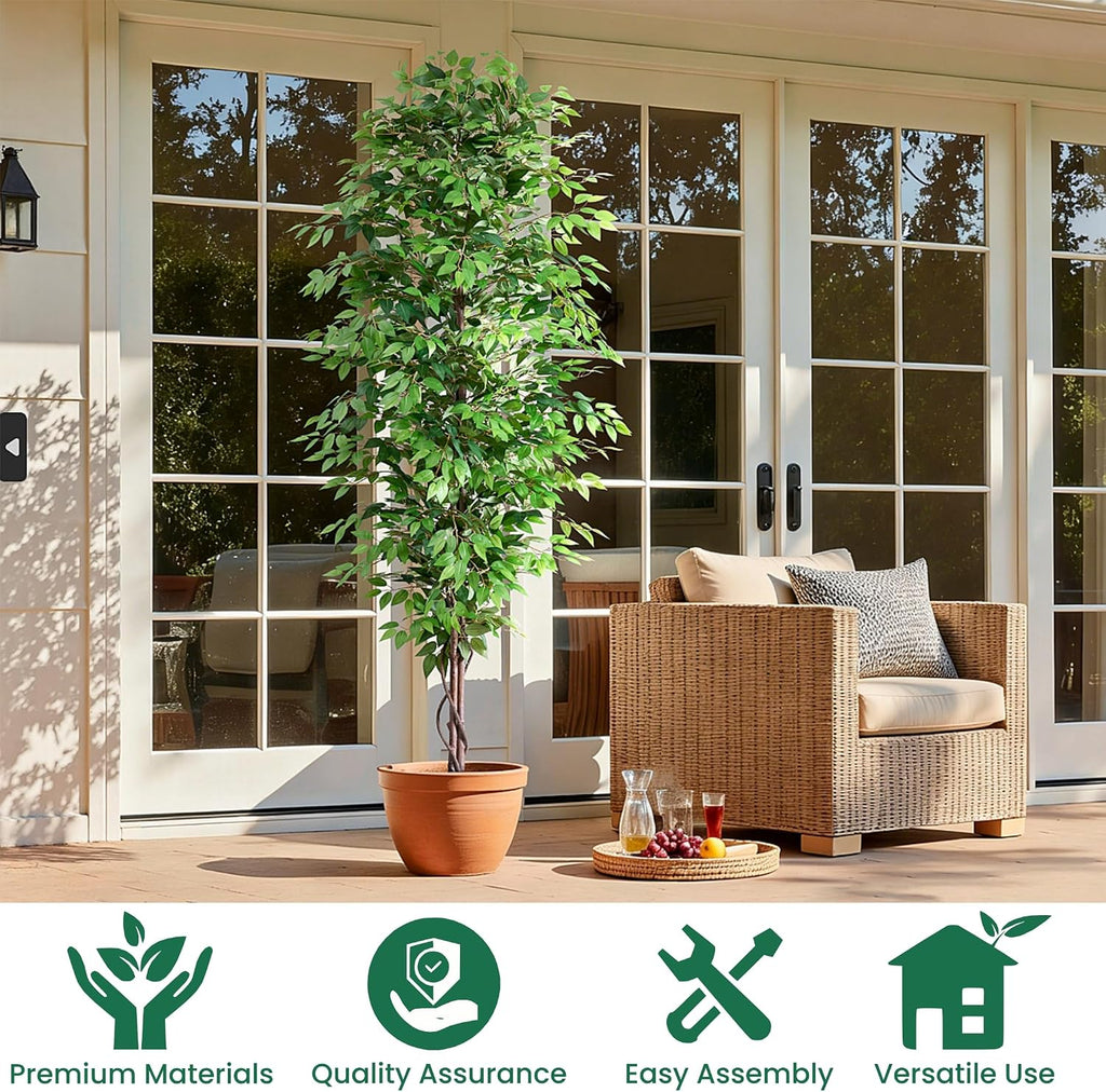 8FT Tall Artificial Ficus Tree, Potted Faux Banyan with Lush Leaves