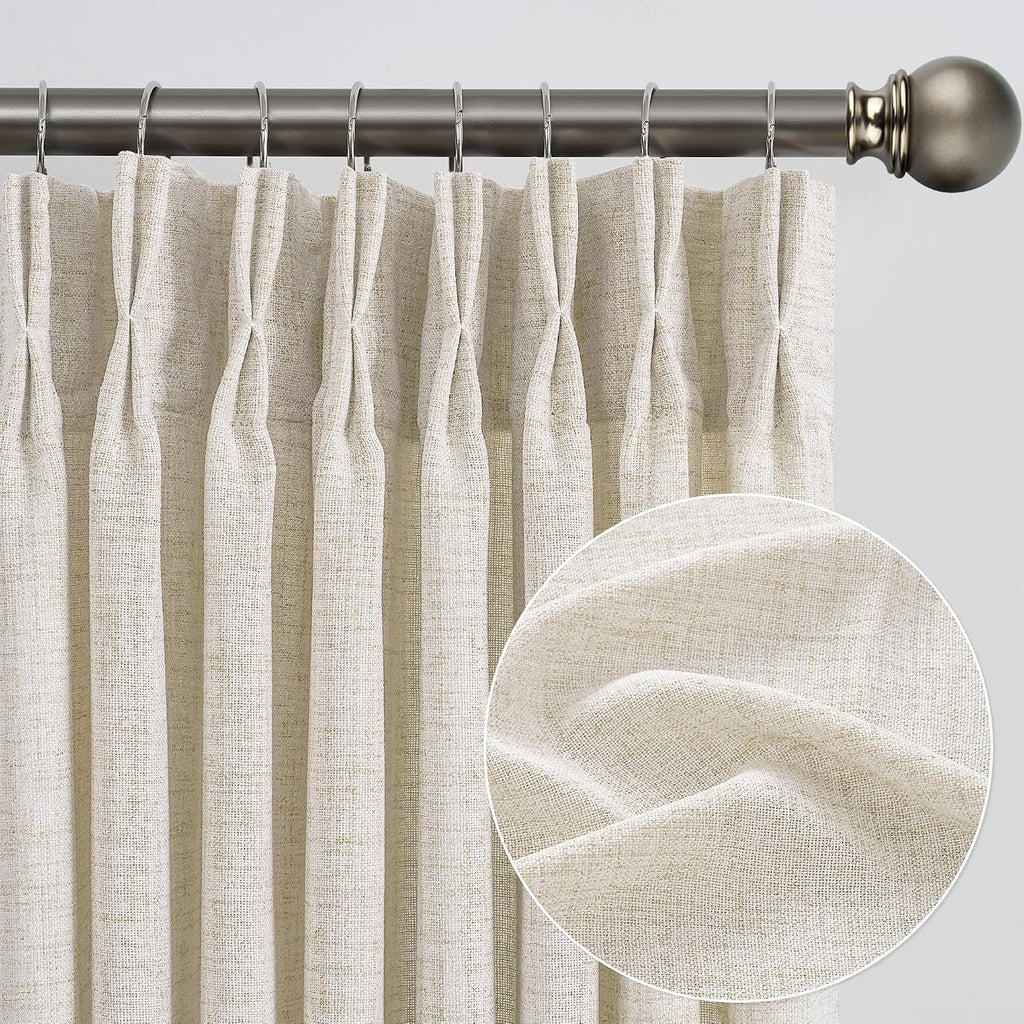 Natural Pinch Pleated Curtains 120 Inches Long Set of 2, Linen Drapes Back Tab with Hooks,Light Filtering Window