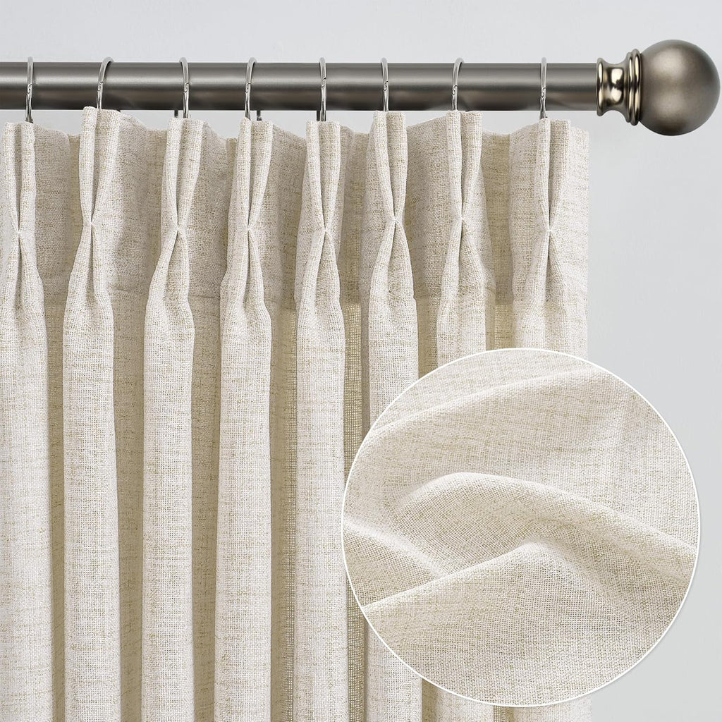 Natural Pinch Pleated Curtains 120 Inches Long Set of 2, Linen Drapes Back Tab with Hooks,Light Filtering Window