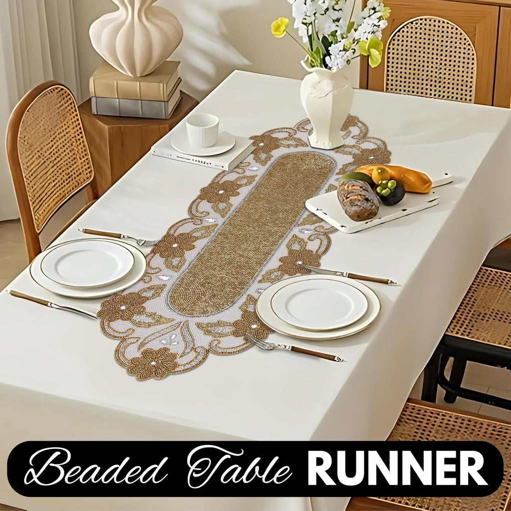 Elegant 36" Gold Beaded Table Runner - Handmade Decorative Beads Runner for Christmas & Thanksgiving - Festive