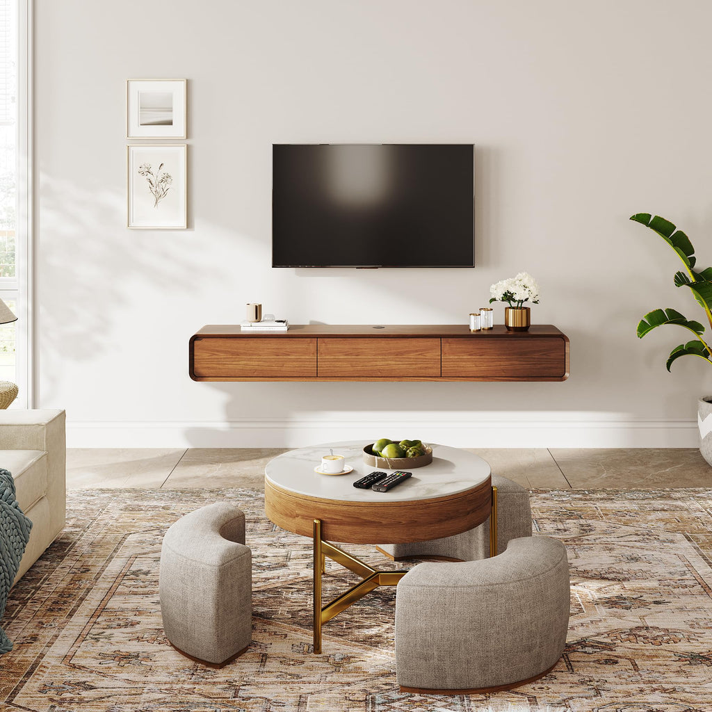 78" Fully Assembled Wood Floating TV Stand, Walnut