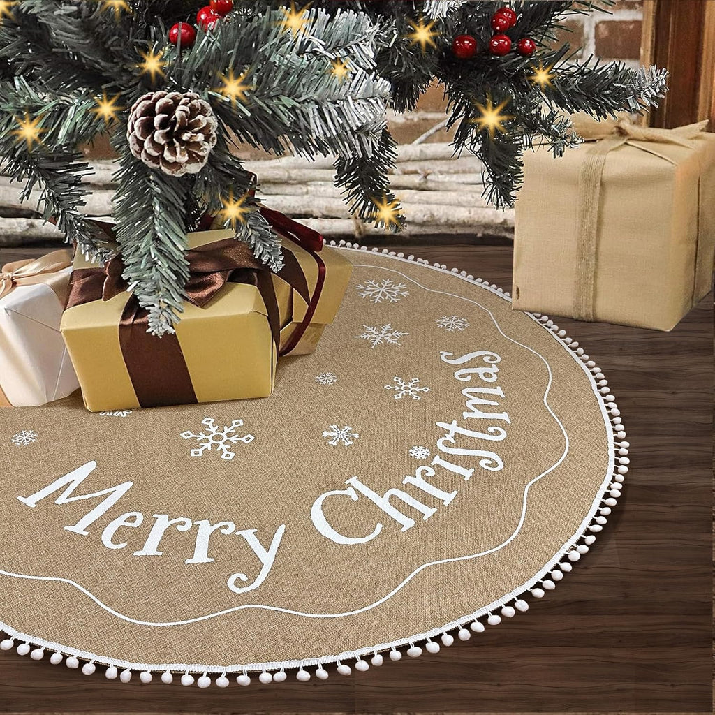 Farmhouse Christmas Tree Skirt 48 inches with White Pom Pom
