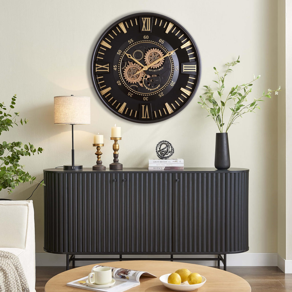 24 Inch Wall Clock with Moving Gears, Modern Black Gold